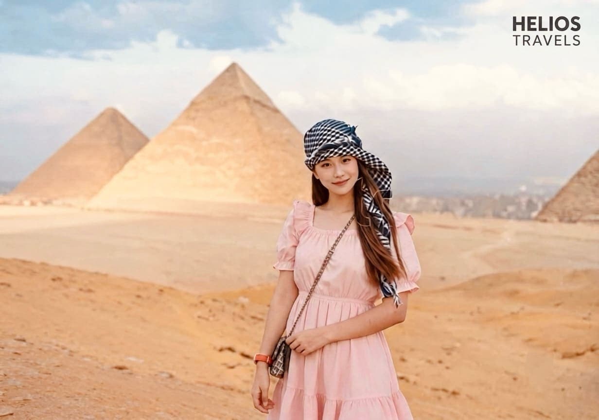 A young woman stands in front of the pyramids of Giza