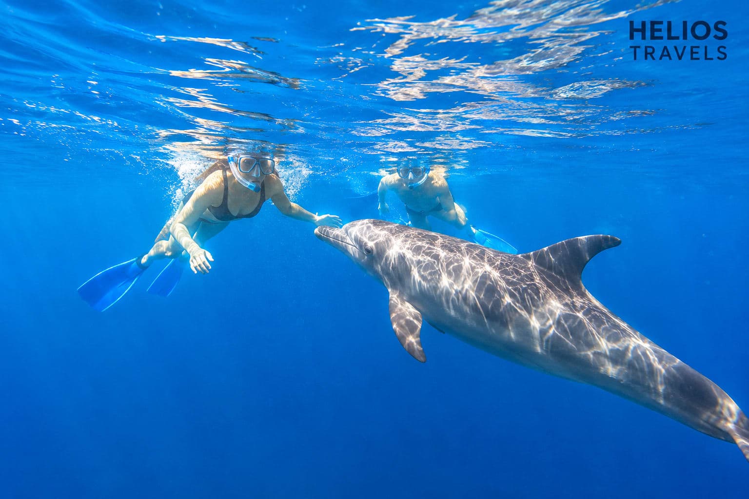Taucher über einem Korallenriff im klaren Wasser des Roten Meeres