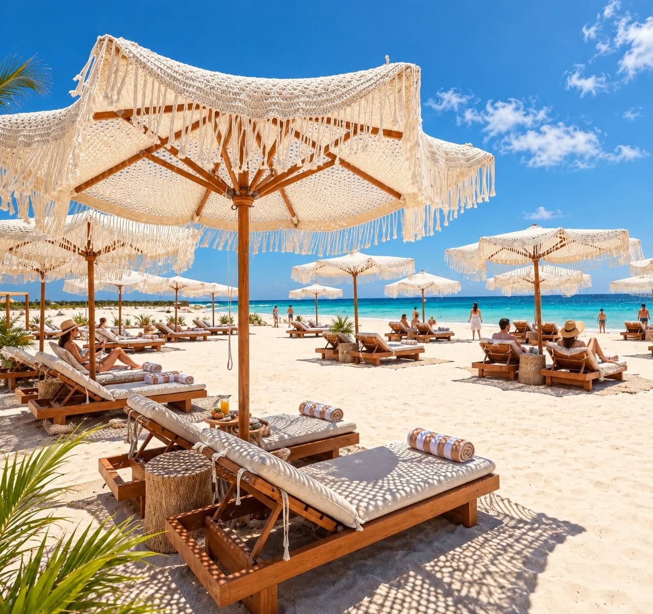 Stylish beach loungers and fringed parasols overlooking the turquoise Mediterranean Sea on Egypt’s North Coast.