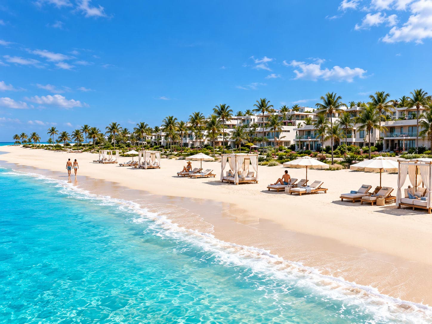 A luxury beachfront resort with white sand, palm trees, and turquoise Mediterranean water on Egypt’s North Coast.
