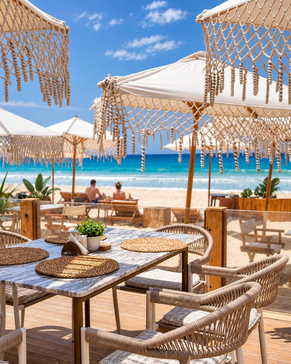 1. A stylish beachfront restaurant with shaded seating and beautiful views of the Mediterranean Sea on Egypt’s North Coast. Is this conversation helpful so far?
