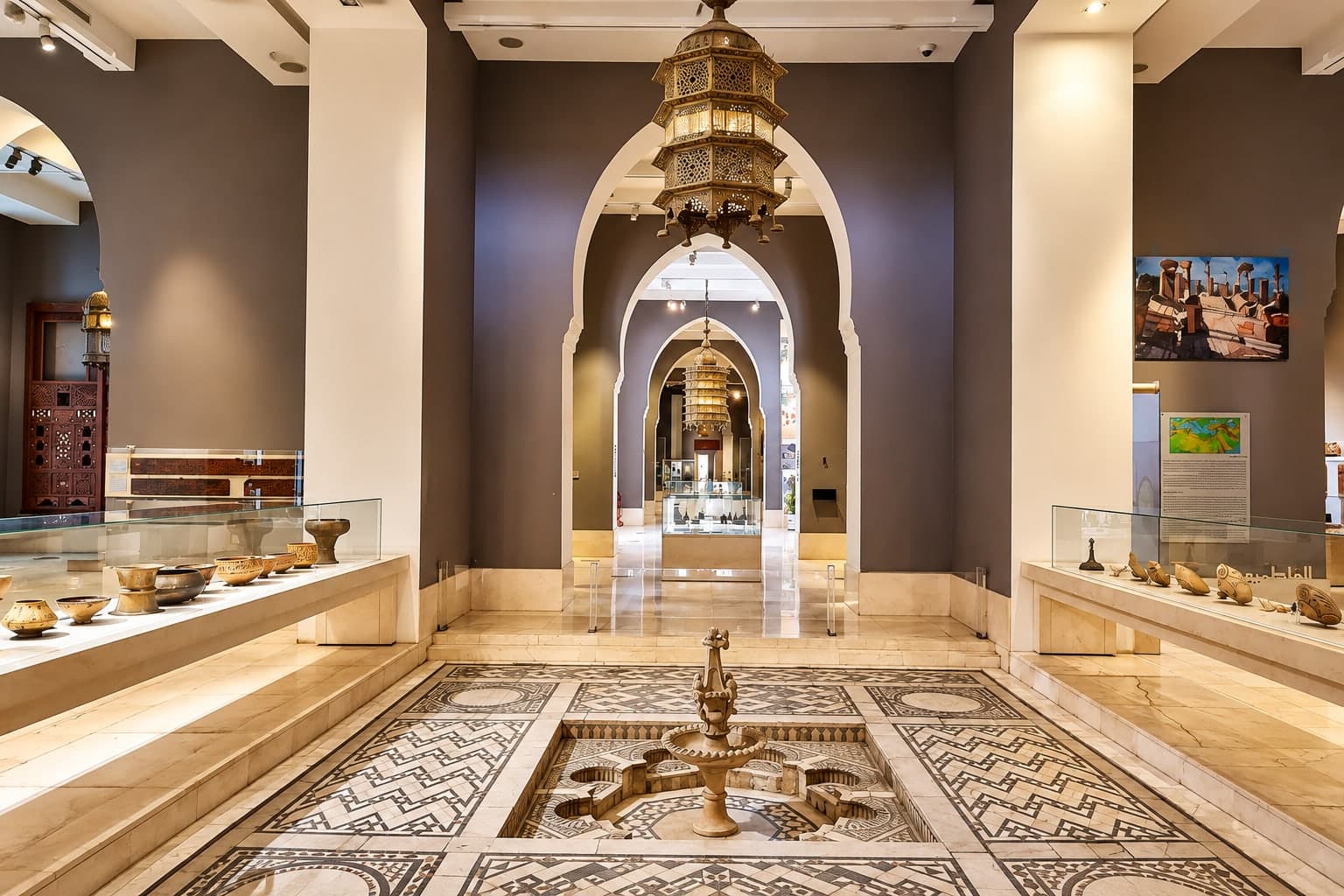 The elegant interior gallery of the Museum of Islamic Art in Cairo, featuring Islamic arches, marble floors, and historic artifacts.