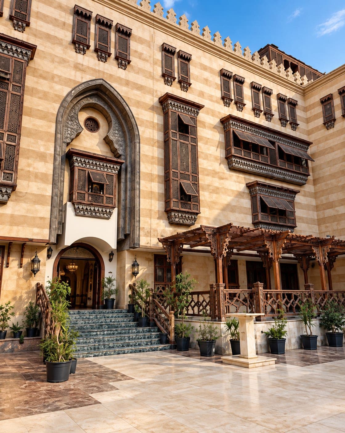 The historic-style exterior of the Museum of Islamic Art in Cairo, featuring ornate wooden windows, stone architecture, and a welcoming entrance.