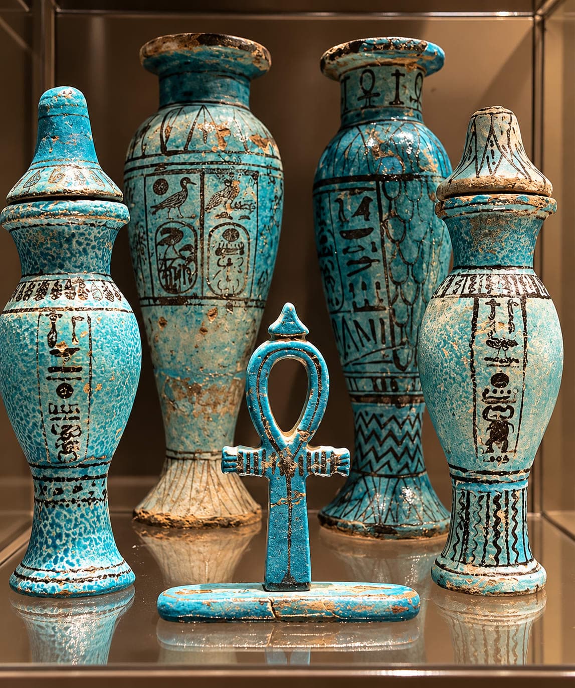 Decorated turquoise ancient Egyptian vessels featuring intricate hieroglyphic designs displayed at the National Museum of Egyptian Civilization in Cairo.