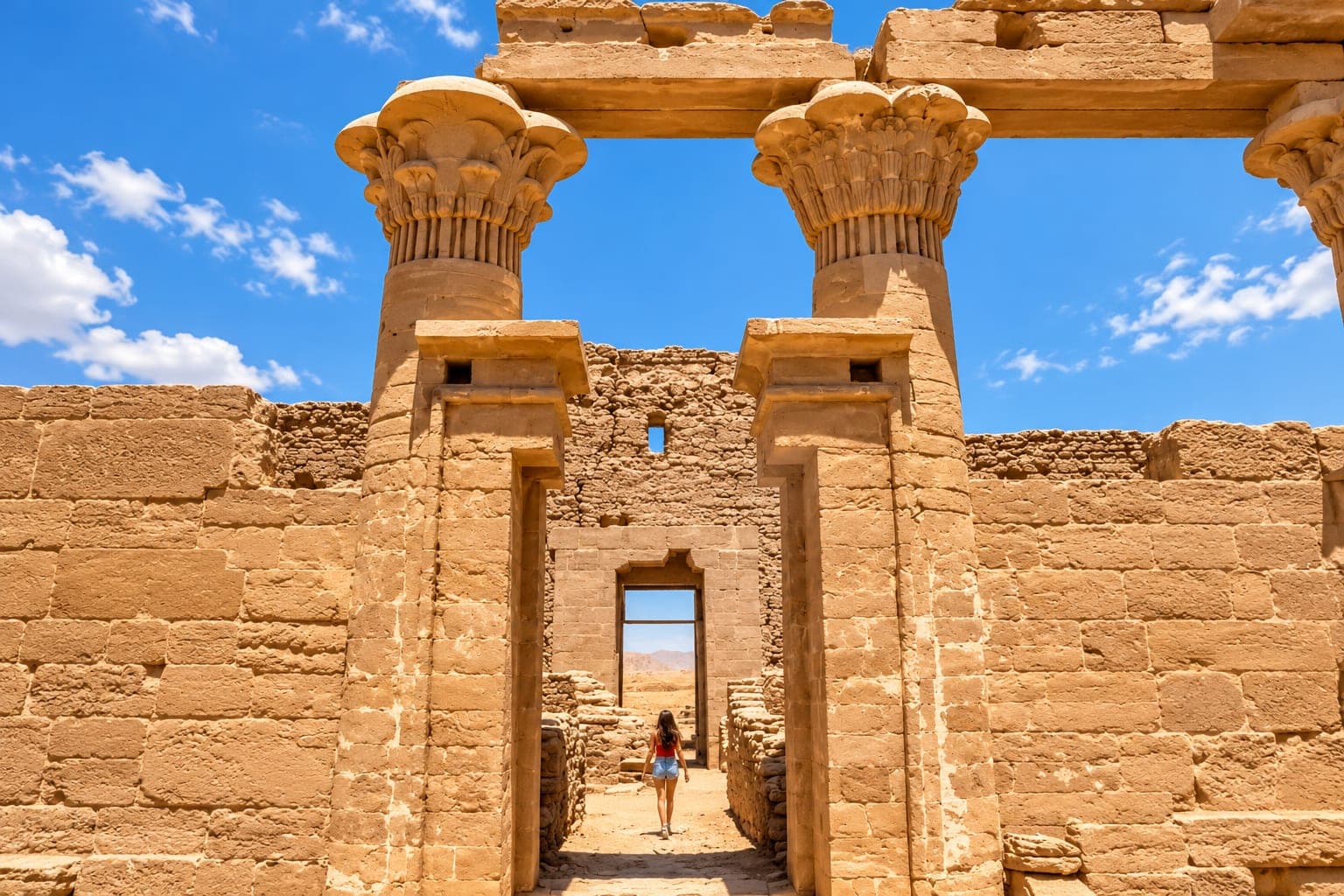 Ancient sandstone temple entrance in Kharga Oasis, Egypt, featuring carved columns, historic stone walls, and a bright blue sky.